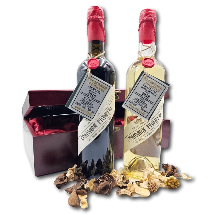 Pachet cadou de lux, CADOURI PREMIUM®, model Vintage Elegance, cu doua vinuri romanesti de colectie, accesorii de vin si o cutie cu finisaje premium, creat pentru a impresiona inca din prima clipa