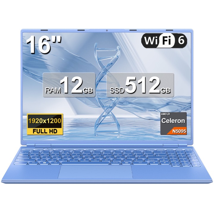 NOTODD N600 лаптоп 16 инча Celeron N5095 до 2.9 Ghz, лаптоп Win 11 с 5G WiFi 12+512GB SSD 1TB разширение, BT 4.2 мини мултимедиен порт охлаждащ вентилатор 1920*1200-синьо