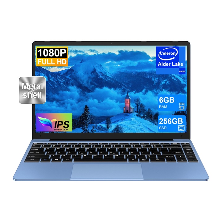 NOTODD N500 Лаптоп Celeron N4020 до 2,8 Ghz, 14-инчов лаптоп Win 11 с 5G WiFi 6+256GB SSD 1TB разширение, BT 4.2 1920*1080 FHD Mini Multimedia Port-Blue