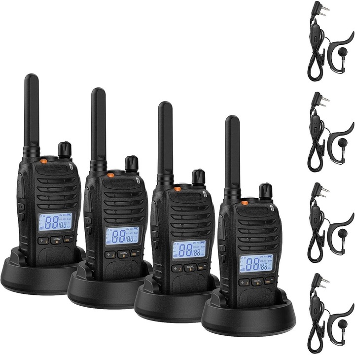 Комплект от 4 преносими радиостанции, уоки токи, MOSMAOO®, E88, LCD екран, акумулаторна батерия 1500 MAH, 16 канала, USB зарядно за бюро и слушалки с микрофон, тъмночерно