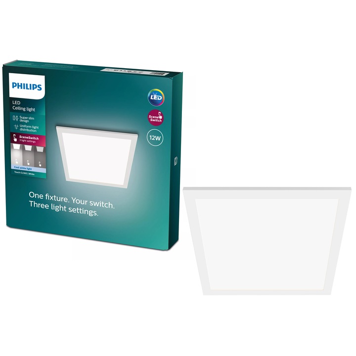 Panou LED Philips SceneSwitch, intensitate luminoasa reglabila, 12W, 1200 lm, lumina neutra (4000K), 30x30 cm, Alb