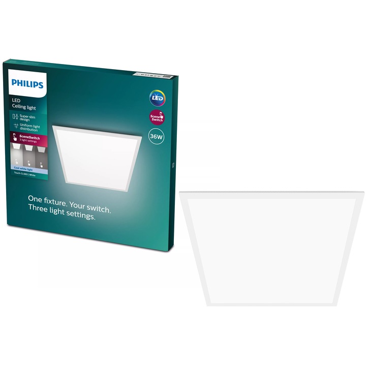 Panou LED Philips SceneSwitch, intensitate luminoasa reglabila, 36W, 3600 lm, lumina neutra (4000K), 60x60 cm, Alb