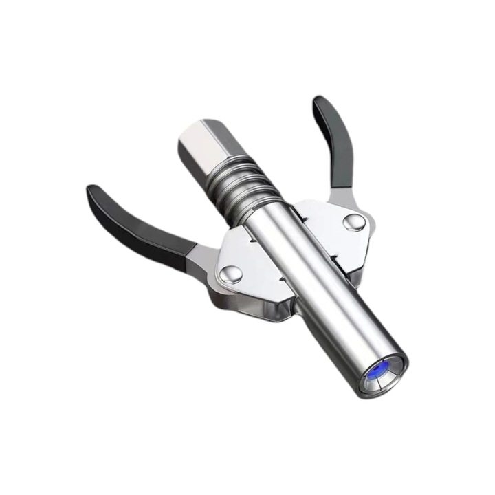 Pistol de ungere manuala, industrial si universal, pentru pompe gresare, cu autoblocare, maner dublu, otel inoxidabil, argintiu, 90x45x15mm