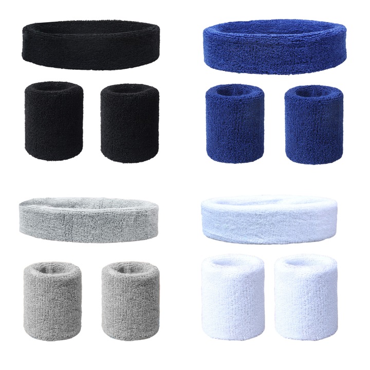 Set 4 bandane sport/4 perechi protectii incheietura, bumbac, multicolor, 8x8cm/5x18cm