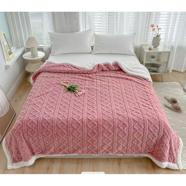 Patura Cocolino Groasa Dubla, Super Soft, Tip Tricotaj, cu Blanita, HYT, 200 x 230 cm, Roz