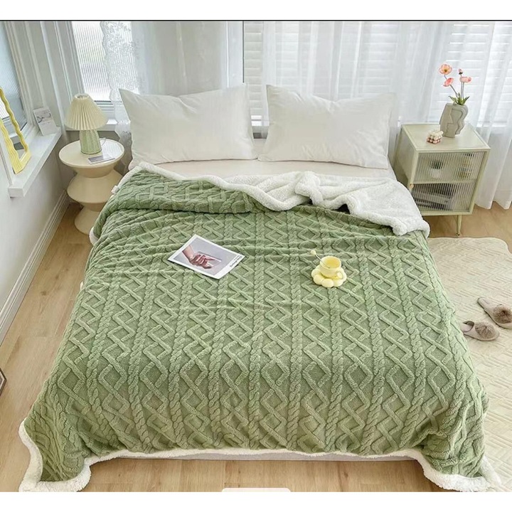 Patura Cocolino Groasa Dubla, Super Soft, Tip Tricotaj, cu Blanita, HYT, 200 x 230 cm, Verde