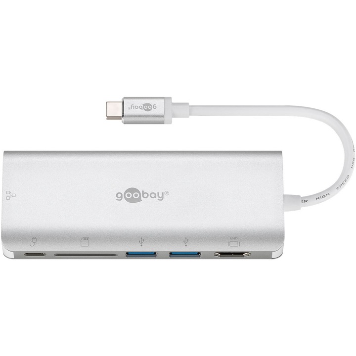 Hub USB-C, HDMI 4K 30Hz, 2x USB 3.0, RJ45, aluminiu, argintiu