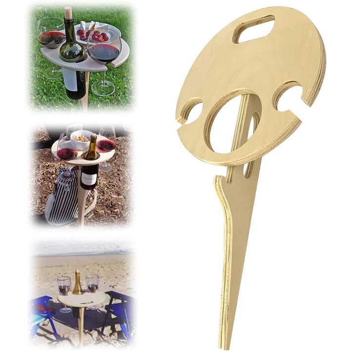 Masa de vin portabila din bambus, design pliabil, rezistent la intemperii, pentru picnicuri si camping, AMRINUGL