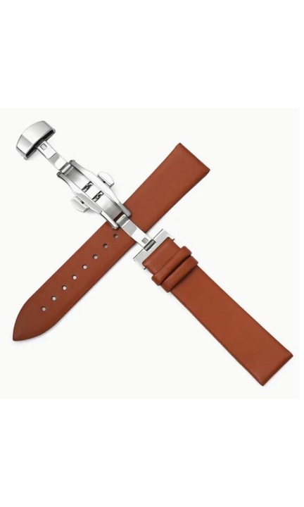 Curea ceas piele catarama tip fluture pentru barbati si femei Maro deschis deployant 22 mm