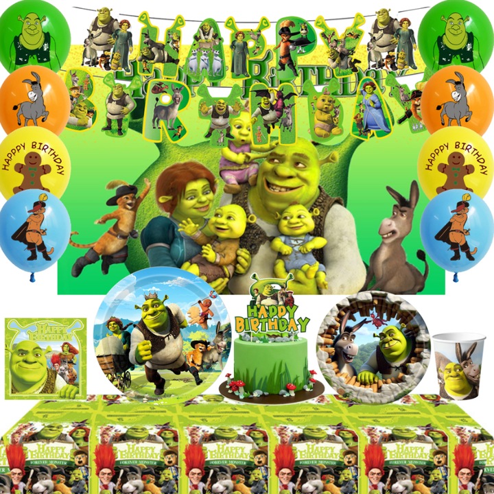Shrek partikészlet, InBoxxarty, 112 darabos, dekorációk, lufik, tányérok, poharak, zöld