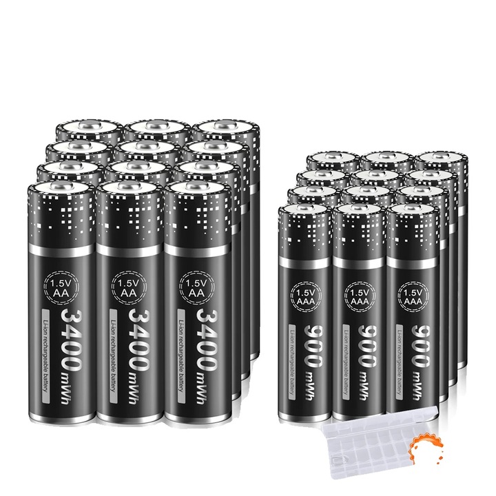 Set baterii reincarcabile AA si AAA, 12AA si 12AAA, 3400mWh si 900mWh, cu cutie de stocare