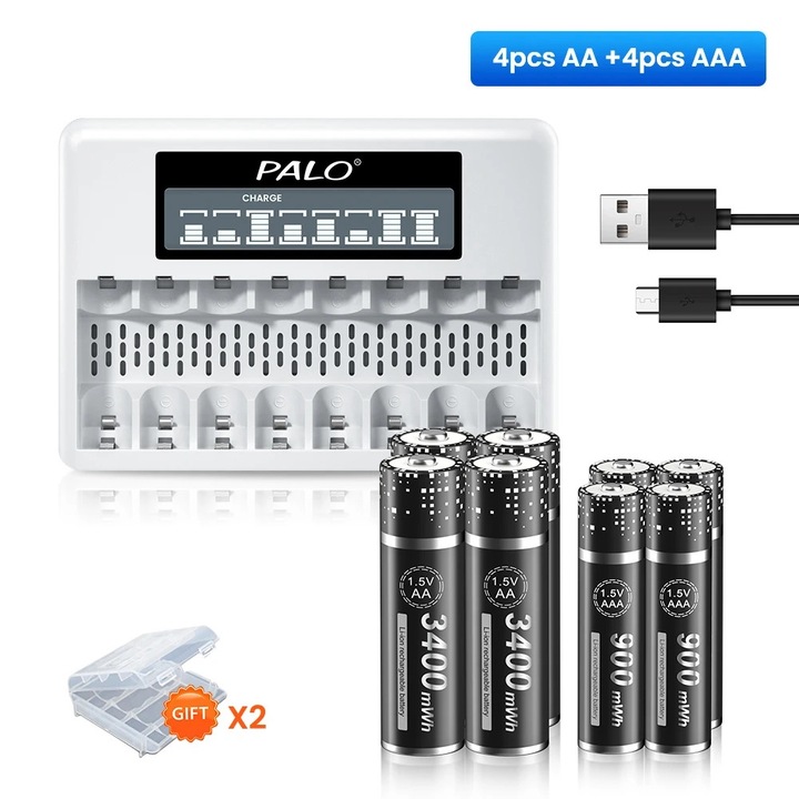 8 db PALO újratölthető elem készlet, AA/AAA, gyorstöltővel