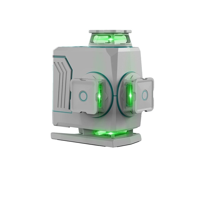 Nivel laser 4D, 4 linii laser verzi, design impermeabil IP54, set complet cu baza pivotanta magnetica, acumulator litiu, telecomanda, carcasa de transport