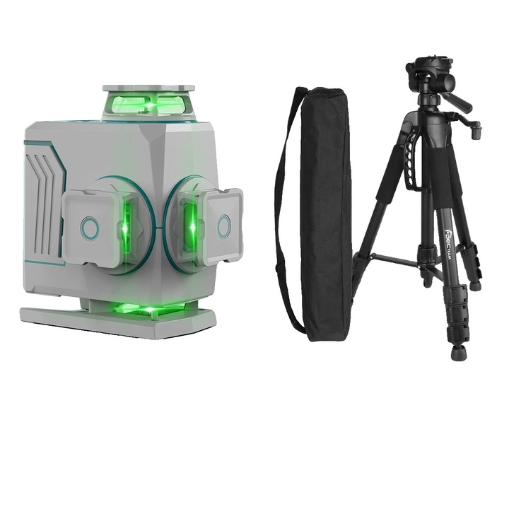 Nivela laser 4D, 4 linii laser verzi, baza pivotanta magnetica, set complet, dimensiuni 29x13.5x25cm