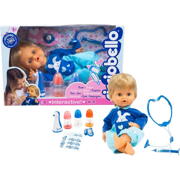 Jucarie Interactiva Cicciobello Bua Bua - Papusa Baietel Blond Bolnavior, 42cm - Original Giochi Preziosi