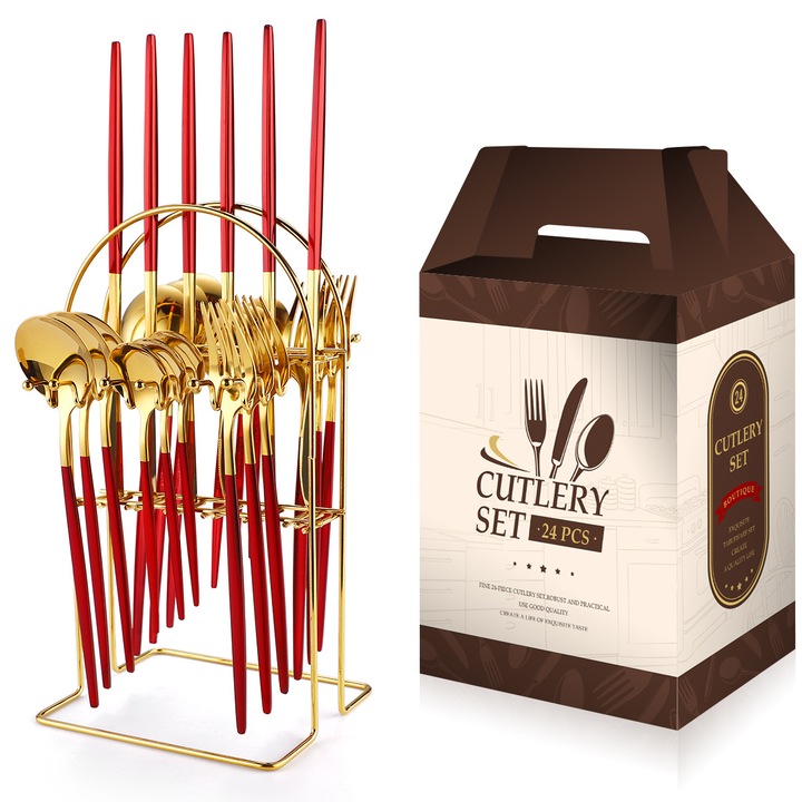 VENUS STAR португалски комплект прибори за 6 души, 24 части с поставка, червено-златисто