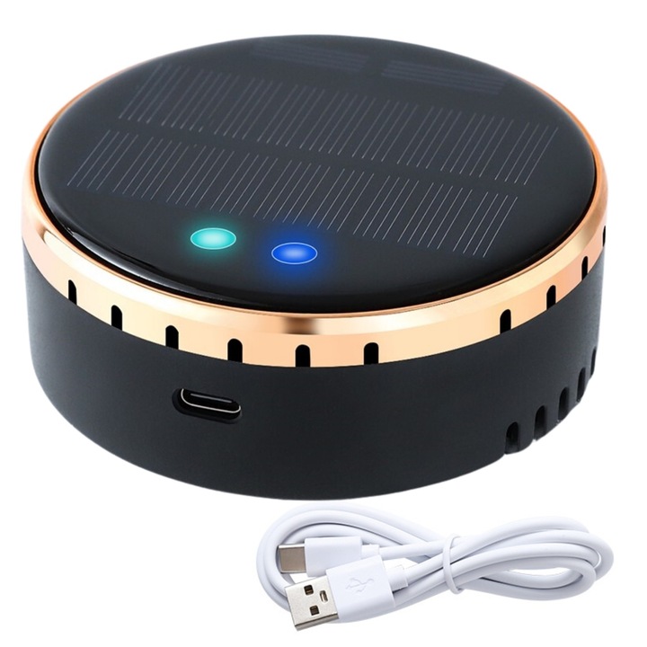 Purificator de aer portabil cu ozon si ioni negativi, elimina mirosurile neplacute si improspateaza aerul, pentru masina si alte spatii mici, negru cu auriu, USB/panou solar