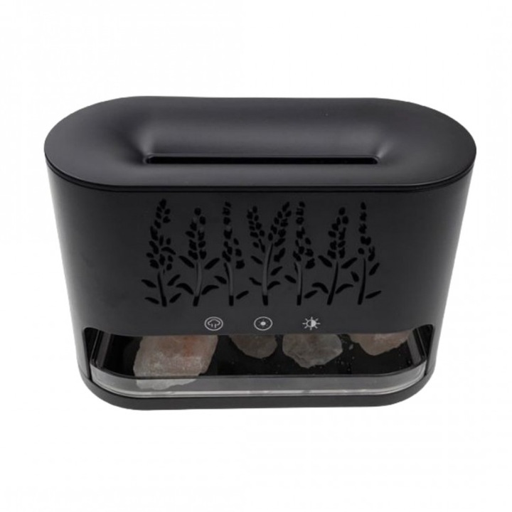Umidificator si difuzor de aroma cu ultrasunete, usb, 7 culori LED, piatra de sare, 250ml, culoare negru