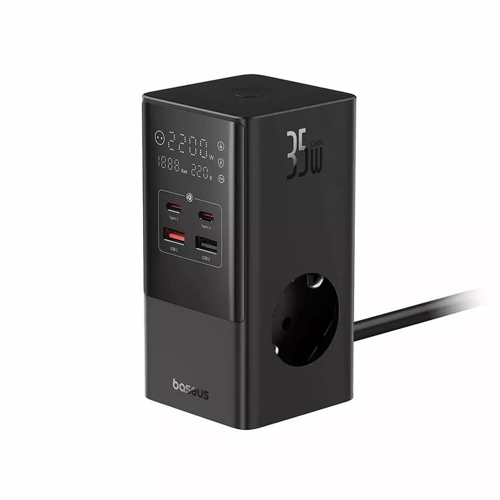 Statie de Incarcare 2xUSB, 2xType-C, 3xShuko, Putere 35W, lungime cablu 1.5W, Negru