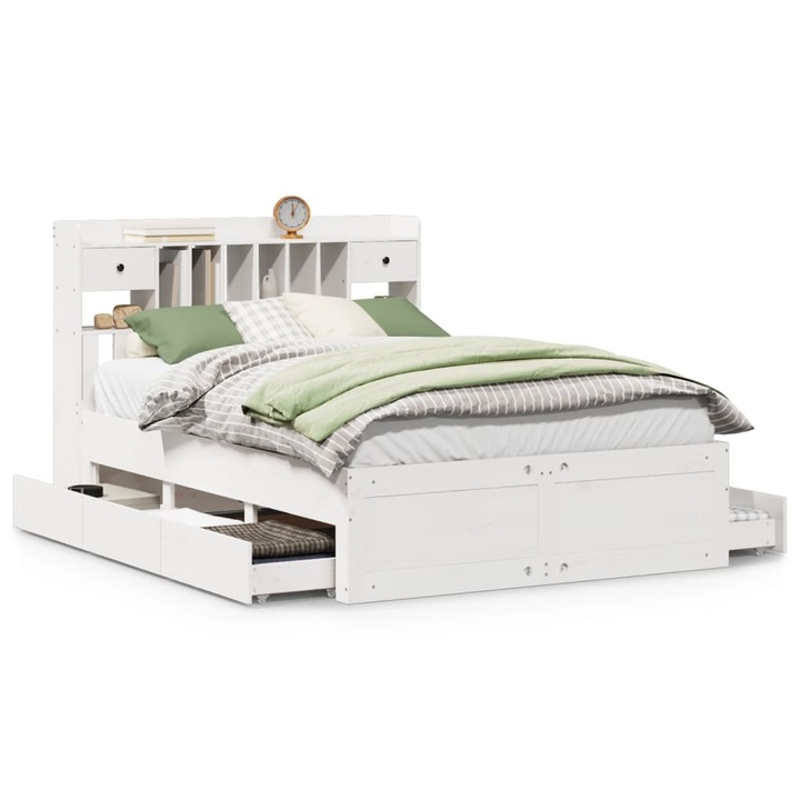 vidaXL fehér tömör fenyőfa könyvespolcos ágy matrac nélkül 160x200 cm 3308955