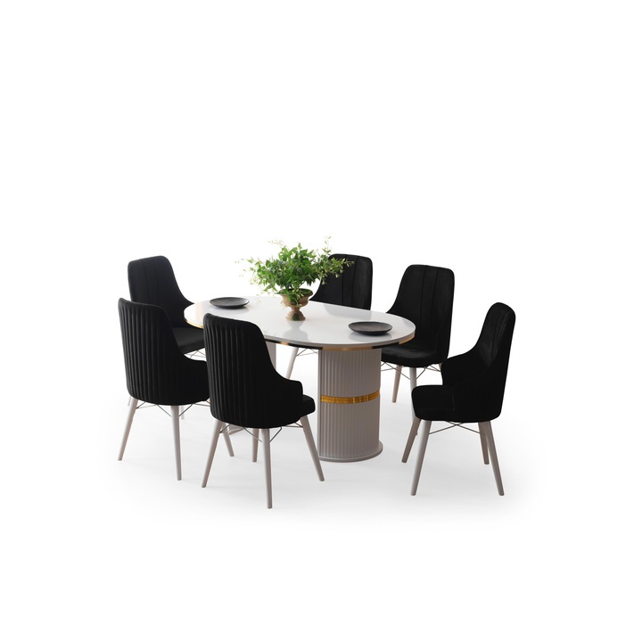 Set Masa Modella Vela alba-auriu cu 6 scaune negru