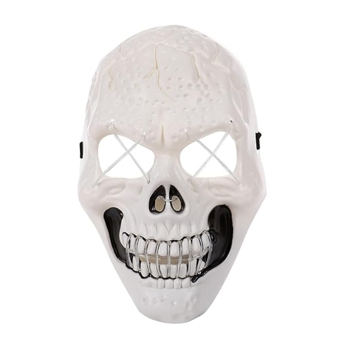 Masca Halloween model craniu, Zola, alba cu leduri albe, din plastic, 26x17 cm