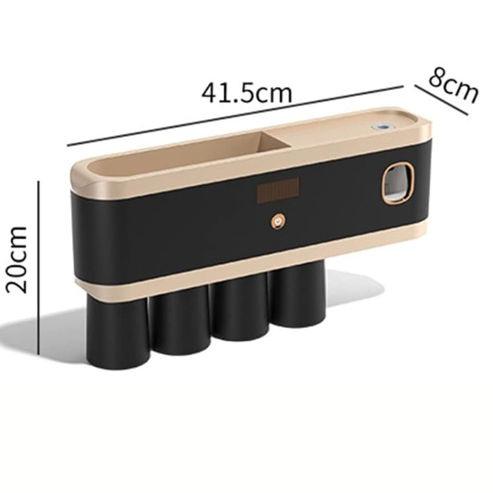 Sterilizator UV pentru periute de dinti, Loc de depozitare, Dozator de pasta, 4 pahare individuale cu atasare magnetica, 4 suporturi de sterilizare, montaj pe perete, incarcare USB si panou energie solara, Negru cu Auriu