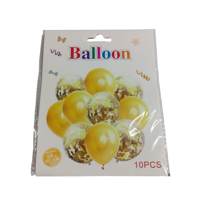 Комплект от 10 латексови балона с конфети, златисти/прозрачни