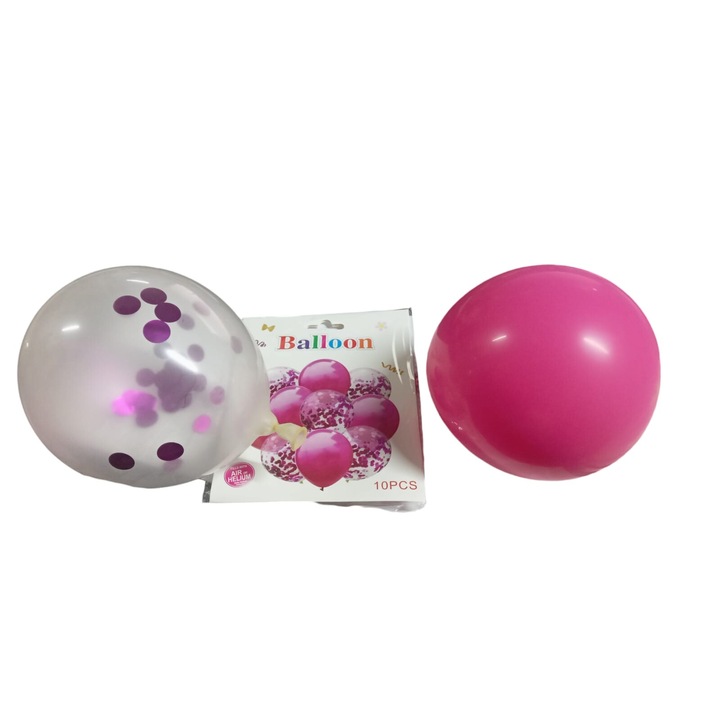 Комплект от 10 латексови балона с конфети, циклама/прозрачен
