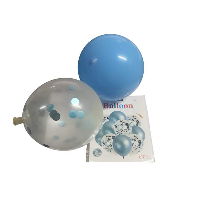 Комплект от 10 латексови балона с конфети, светлосини/прозрачни