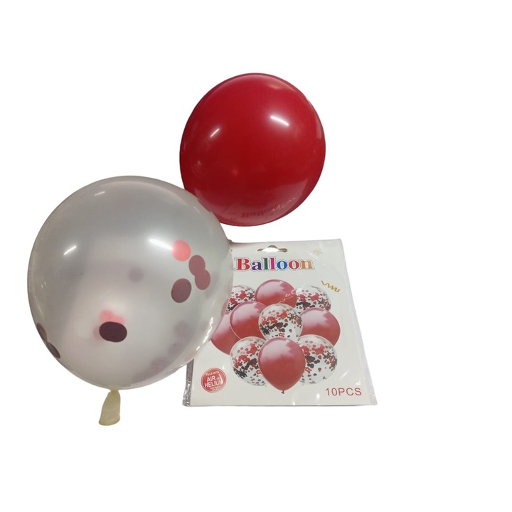 Комплект от 10 латексови балона с конфети, червени/прозрачни