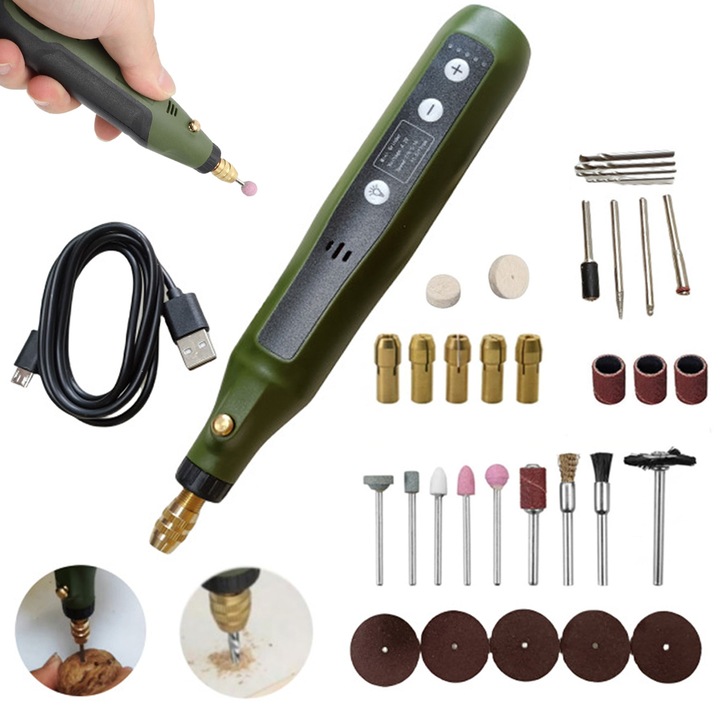 Mini set de scule rotative cu 5 viteze variabile cu, unealta rotativa electrica de incarcare pentru gravare, slefuire, lustruire, sculptura, taiere, mestesuguri DIY