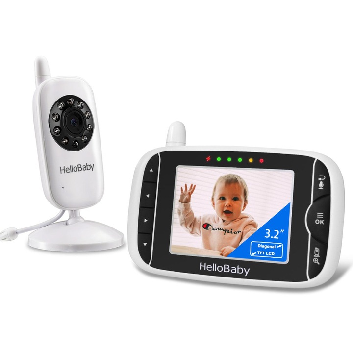 Видео монитор за бебета, HelloBaby HB32, 3.2 инча, аудио режим, нощно виждане, температурен датчик