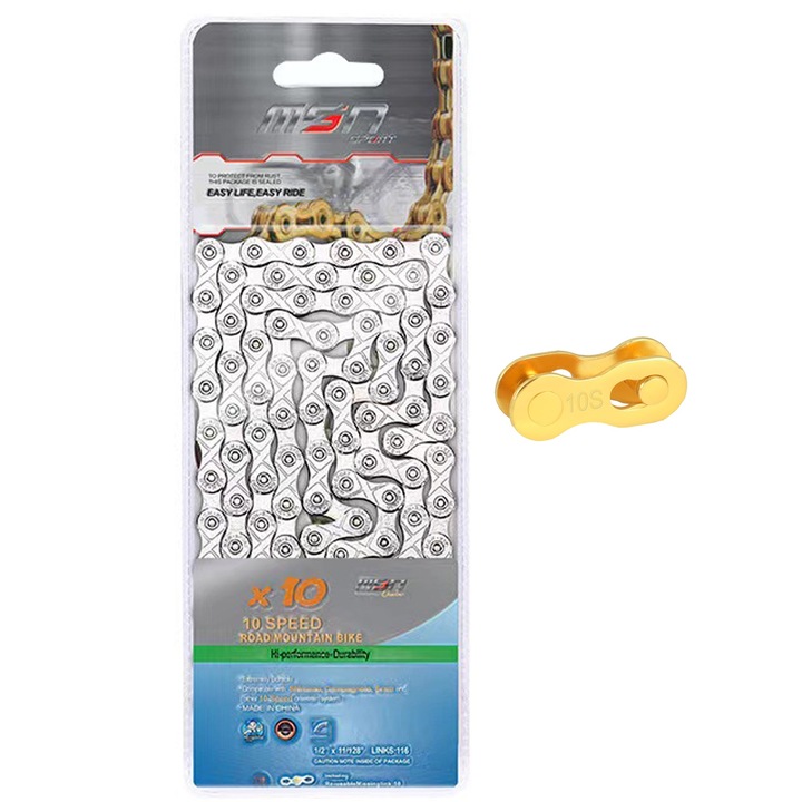 Lant Bicicleta, Hggzeg, 10 Viteze, 116 Zale, Cu conectoare, Usor de instalat si de utilizat, Rezistent la coroziune, Durabil, Pentru biciclete de drum, Metal, Argintiu