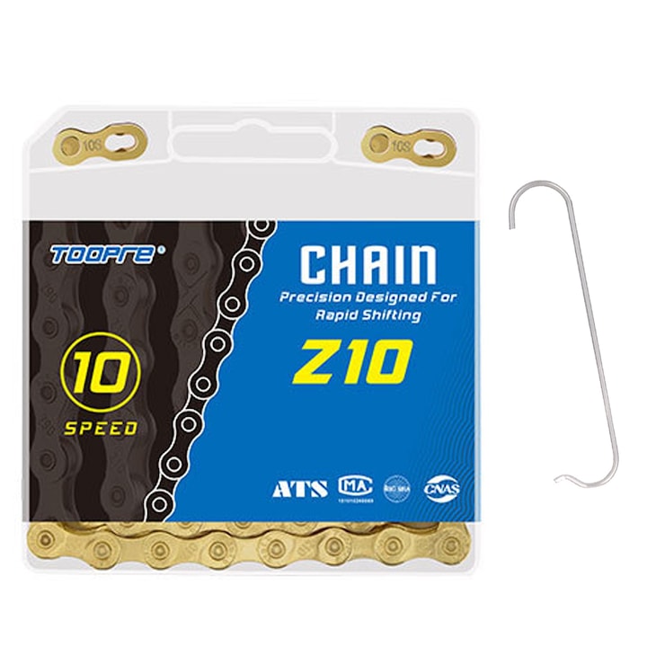 Верига за велосипед, Hggzeg, 10 скорости, с конектори, 116 звена, лесна за инсталиране и премахване, устойчива на износване, здрава и издръжлива, против ръжда, за планински велосипеди, метална, златиста