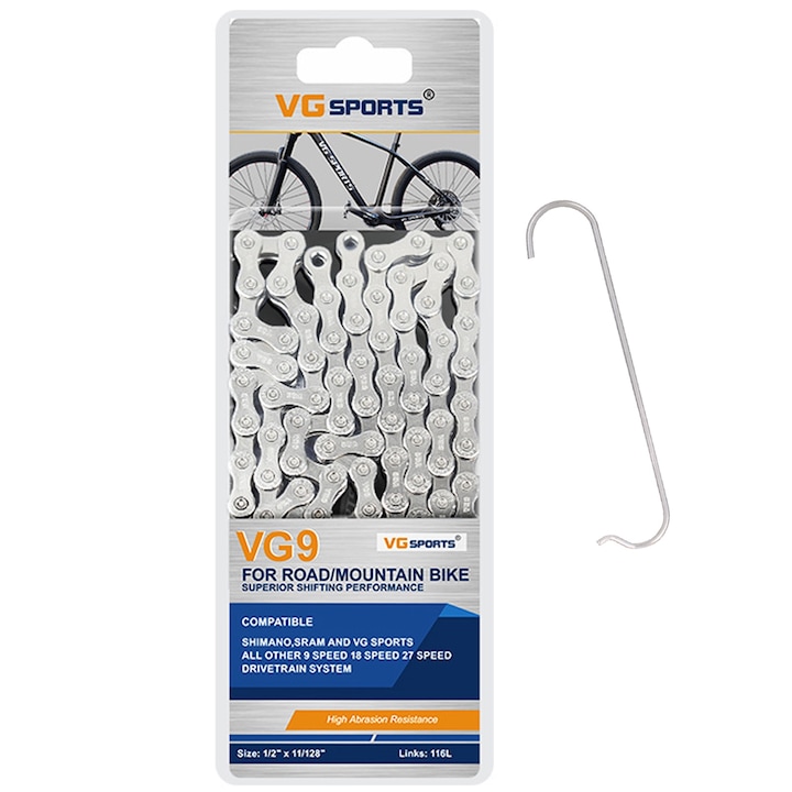 Верига за велосипед, Hggzeg, 9 скорости, 116 звена, с конектори, лесна за инсталиране и премахване, устойчива на ръжда, устойчива на износване, здрава и издръжлива, стомана, сребриста