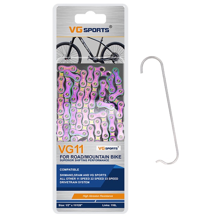 Велосипедна верига, Hggzeg, 116 връзки, 11 скорости, устойчива на корозия, с конектори, лесна за инсталиране и използване, за шосеен, планински велосипед, метална, многоцветна