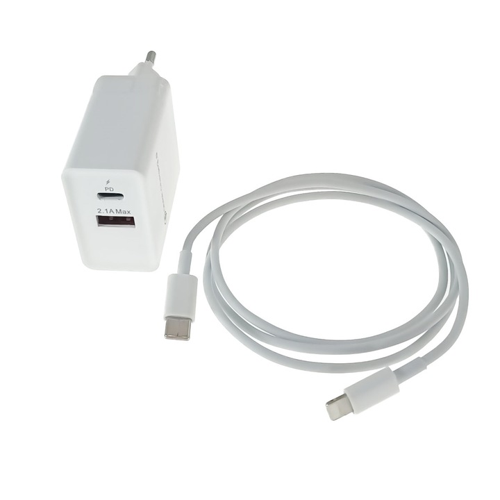 Kit incarcator retea QC 3.0 PD 3.4A, 2 porturi USB-C si USB, cu cablu USB-C tata la tip lightning, 18W, lungime 1m, alb Alb 3.4 Ah