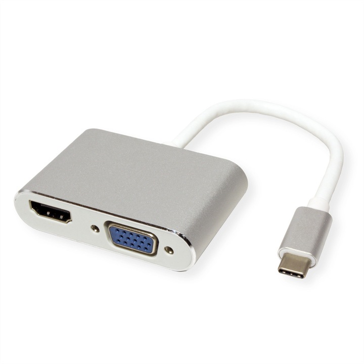 Adapter, Roline, USB-C - VGA / HDMI, 10 cm, ezüst