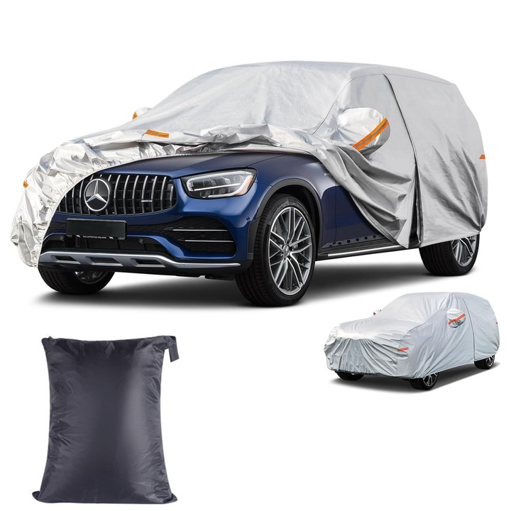 Prelata Auto Premium, Prelata Auto Premium cu 6 Straturi, Impermeabila, Protectie UV, Praf, Zapada, cu Benzi Reflectorizante, Buzunare Oglinzi, Fermoar Usa Sofer, Pentru Sedan, 450 x 180 x 168cm, Argintiu