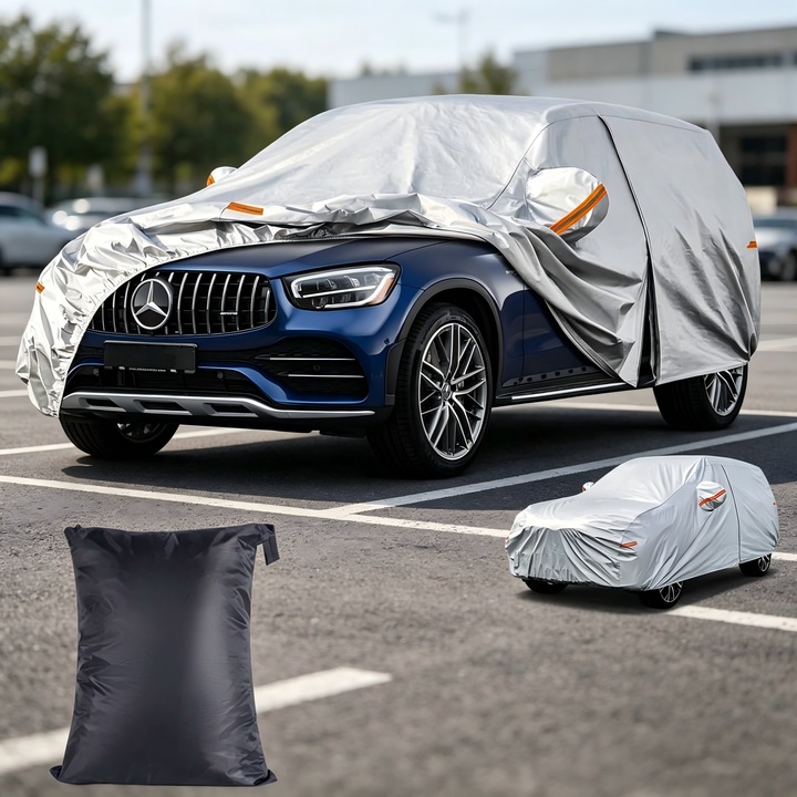 Prelata Auto Premium, Prelata Auto Premium cu 6 Straturi, Impermeabila, Protectie UV, Praf, Zapada, cu Benzi Reflectorizante, Buzunare Oglinzi, Fermoar Usa Sofer, Pentru Sedan, 450 x 180 x 168cm, Argintiu