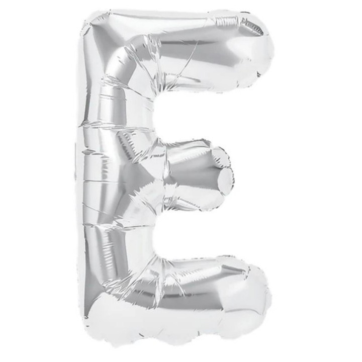 Fólia Lufi Fémhatású E betű, 40 cm, Héliummal vagy Levegővel Felfújható, Egyedi Csomagolás, Szívószál mellékelve, Ezüst