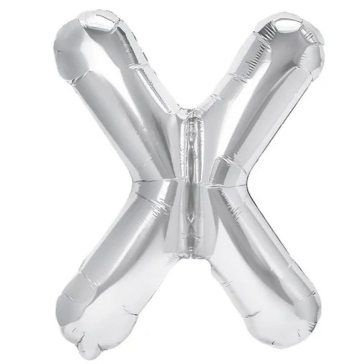 Fólia Lufi Fémbetű X, 40 cm, Héliummal vagy Levegővel Felfújható, Egyedi Csomagolás, Szívószál Tartozék, Ezüst
