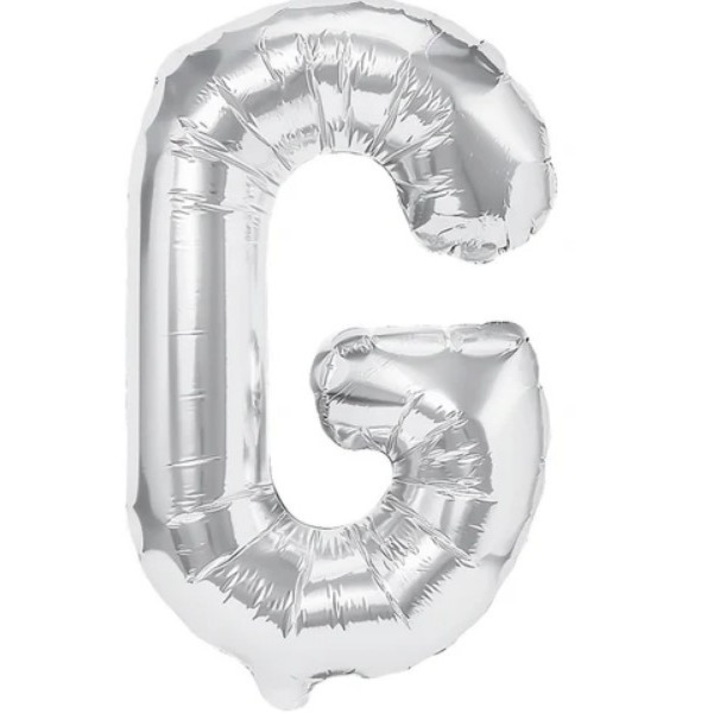 G betűs fémfólia lufi, 80 cm, héliummal vagy levegővel fújható, egyedi csomagolás, szívószál mellékelve, ezüst