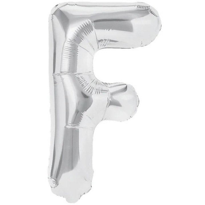 Fólia Lufi F betű, 80 cm, Héliummal vagy levegővel fújható, Egyedi csomagolás, Szívószál mellékelve, Ezüst