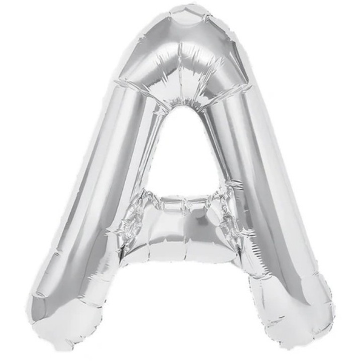 Fólia Lufi, Fémhatású, A betű, 80 cm, Héliummal vagy levegővel fújható, Egyedi csomagolás, Szívószál mellékelve, Ezüst