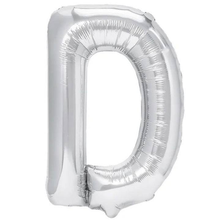 Balon Fólia Fém D betű, 80 cm, Héliummal vagy levegővel felfújható, Egyedi csomagolás, Szívószál mellékelve, Ezüst