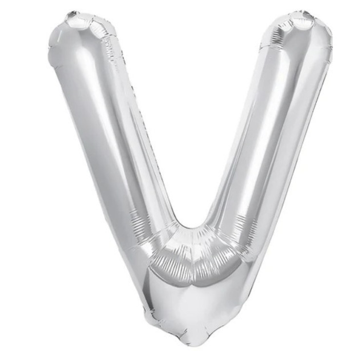 Fólia Lufi Fémbetű V, 80 cm, Felfújható Héliummal vagy Levegővel, Egyedi Csomagolás, Szívószál mellékelve, Ezüst