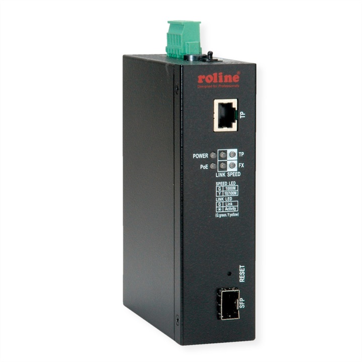 Ipari átalakító, Roline, Gigabit Ethernet - dupla sebességű 100/1000 száloptika, PoE funkcióval, fekete