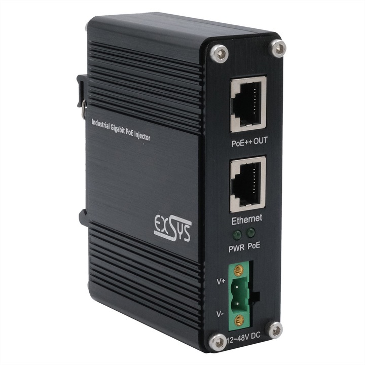 PoE++ Gigabit Injector ExSys EX-60315, 90W, -40C до +80C, монтаж на DIN шина, метал, черен